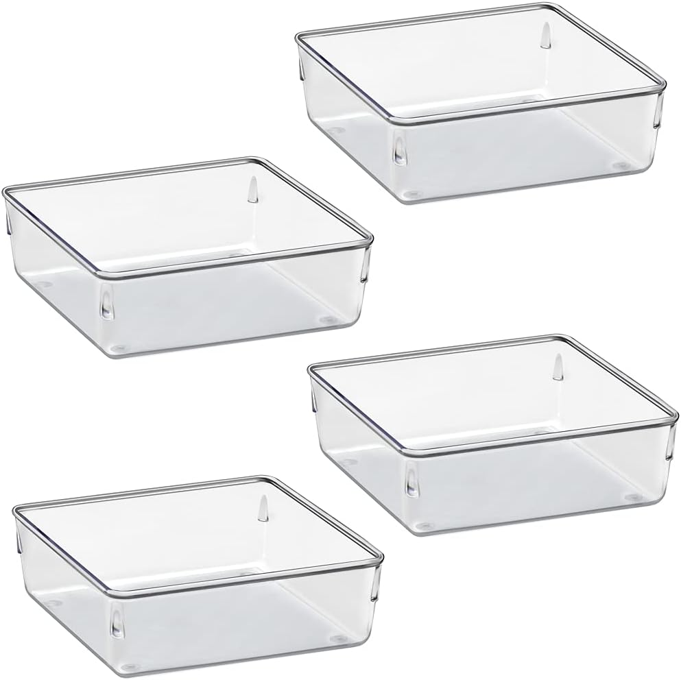 Acrimet Drawer Organizer Modular, Box Tray Storage Bins for Office, Home, Makeup, Kitchen, Junk Drawer ( 4 Pieces) (Clear Crystal Plastic)