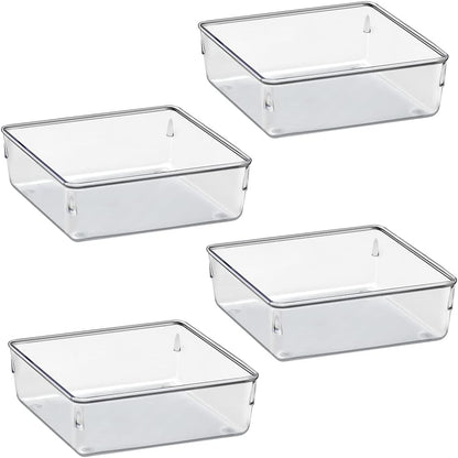 Acrimet Drawer Organizer Modular, Box Tray Storage Bins for Office, Home, Makeup, Kitchen, Junk Drawer ( 4 Pieces) (Clear Crystal Plastic)