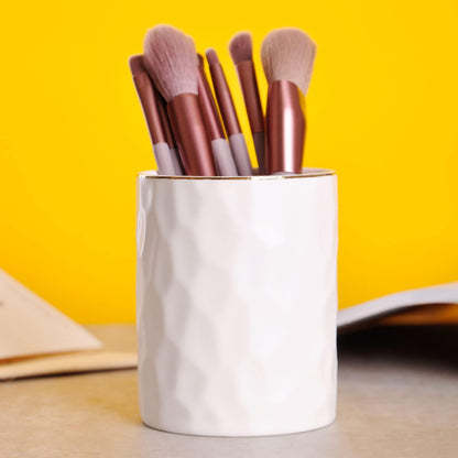 WHJY Ceramic Pink Pencil Cup, Makeup brushes Holder, Gold Pen Holder for Desk Cute Small Boho Brush Holder, Modern Geometry Design Pen Holder