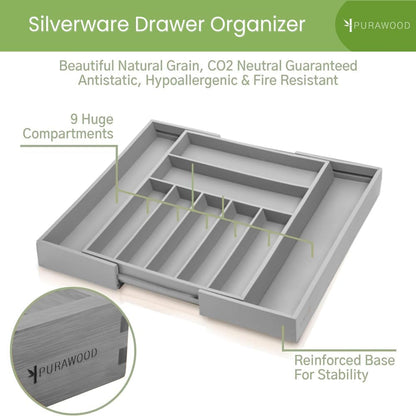 Purawood Kitchen Drawer Organizer - Expandable Utensil Drawer Organizer for Kitchen, Cutlery Tray & Silverware Organizer, 3-5 Slots - Bamboo Organizer for Utensils & Flatware (Natural)