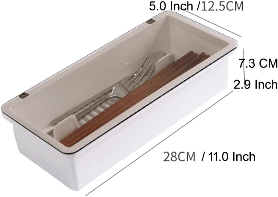 Transparent Flatware Tray Kitchen Drawer Organizer With Lid - Plastic Kitchen Cutlery Tray and Utensil Silverware Storage Container with Cover - Dinnerware Holder for Spoons Forks Knives