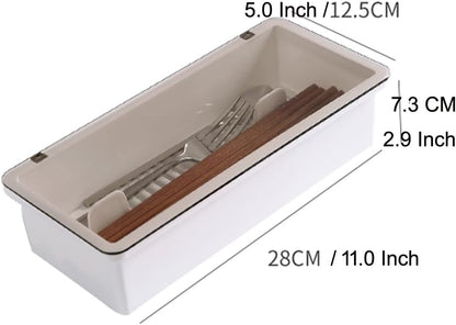 Transparent Flatware Tray Kitchen Drawer Organizer With Lid - Plastic Kitchen Cutlery Tray and Utensil Silverware Storage Container with Cover - Dinnerware Holder for Spoons Forks Knives