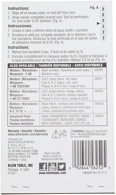 Klein Tools 56250 Wire Marker Book for Cable Management, Electric Panel Organization Wire Label Stickers, Numbered 1-48