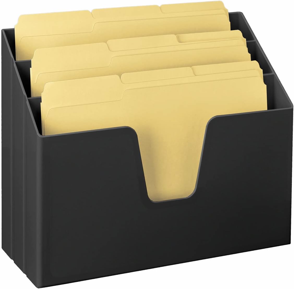 Acrimet Horizontal Triple File Folder Holder Organizer, Open-Top Desktop Document Sorter for Letter Size Papers & Folders, Includes 9 Manila Folders, Plastic Black