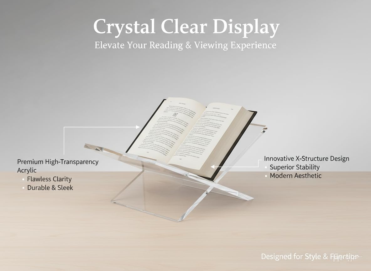 Acrylic Book Stand-Open and Closed Bookstand for Display Stand and Reading Coffee Table-Magazine and Book Holder-for Recipe Cookbooks,Documents,Textbook,Art Books,Bibles,Easel-Home and Office-Black