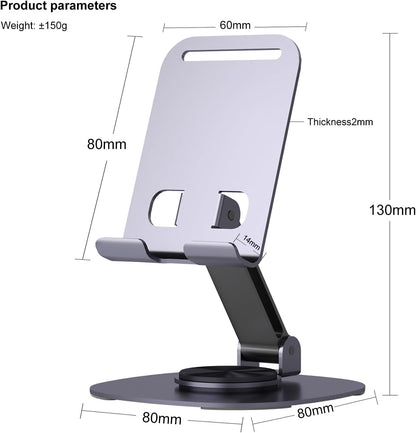 ONCHEER 360°Rotating Phone Holder for Desk, Fully Foldable Cell Phone Stand for Office & Home, Angle & Height Adjustable Tablet Stand for All Smartphones, iPhone, Switch,Tablet 4.6-12.9'', Black