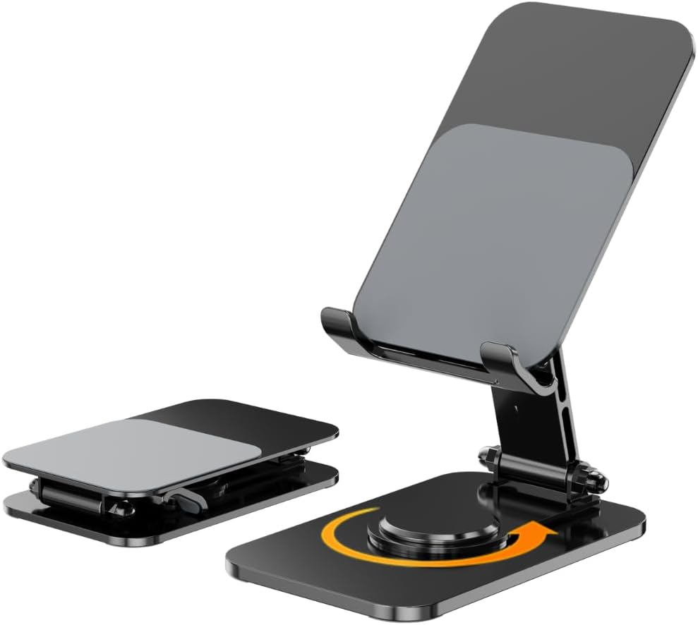 4 Joints 360° Rotating Cell Phone Stand for Desk, Adjustable Folding Phone Stand, Aluminum Alloy Arms & Steel Base, Non-Slip Silicone Pads, Scratch-Free for iPhone & Android, Black