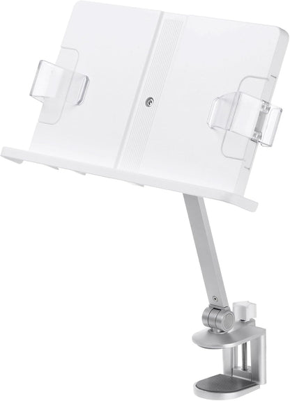 YOKIVE Book Stand for Reading, Adjustable Holder with 360° Rotating Arm & Page Clips, Portable Sturdy Book Holder, Great for Textbook (Silver, 10.3-inch)