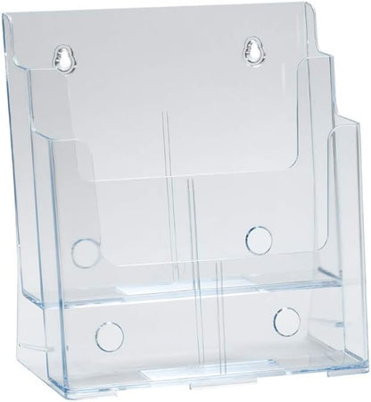 Azar Displays 252378, Brochure Holder, Acrylic Desk Organizer, Three Tier Document, Magazine & Sign Holder, Wall Mount Desk Accessories, Literature Display Stand, Divider for 4" Pamphlets, 8.5"x11"