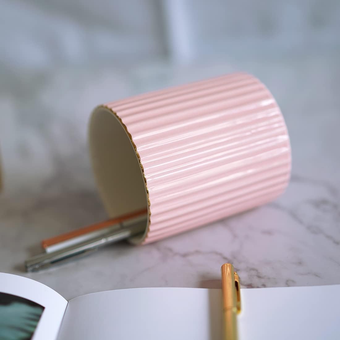 CROWNOS Pen Holder for Desk, Ceramic Pencil Cup Office Desk Organizer, Makeup Brush Holder, White
