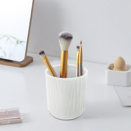 Round Ceramic Pen Holder for Desk Cute Pencil Cup Pot Desk Organizer for Girls Kids Makeup Brush Holder White