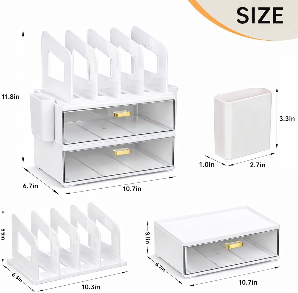 CiWiVOKi Desk Organizer with 2 Vertical File Holder, 4 Tier Stackable Paper Letter Tray File Organizer with 5-Compartments Pen Holder, Clear Desktop Organizer Office Organization and Storage