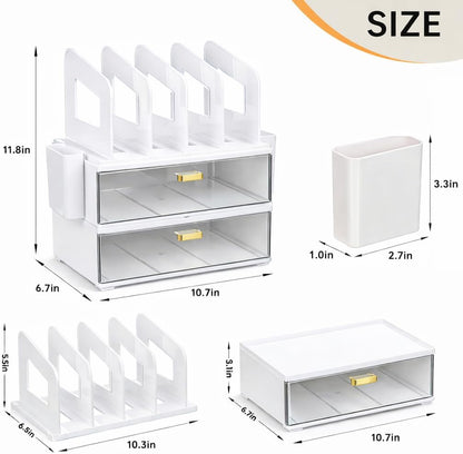 CiWiVOKi Desk Organizer with 2 Vertical File Holder, 4 Tier Stackable Paper Letter Tray File Organizer with 5-Compartments Pen Holder, Clear Desktop Organizer Office Organization and Storage
