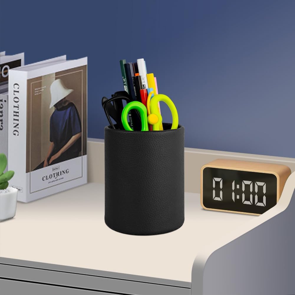 Dark Brown Pen Holder, Leather Pencil Holder, Simple Desktop pen cup, Elegant pen holder for desk, Stationery Organizer for Office School Home Dorm (Brown)
