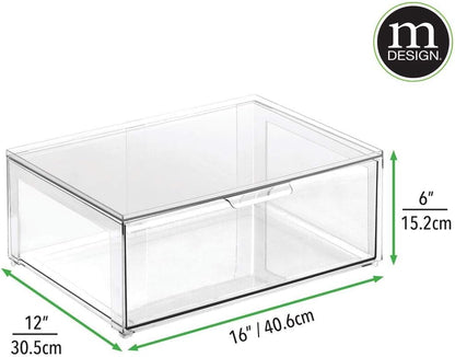 mDesign Plastic Stackable Closet Storage Organizer Bin Containers with Front Pull Drawer for Cabinet, Desk, Shelf, Cupboard, or Dresser Organization - Lumiere Collection - Clear