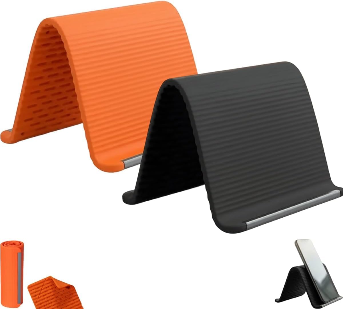 Portable Foldable Silicone Aluminum Phone Holder, Flexible Silicone Phone Stand, Multi-Angle Adjustable Silicones Cell Phone Holder Non-Slip Bed Office Treadmill (Orange)