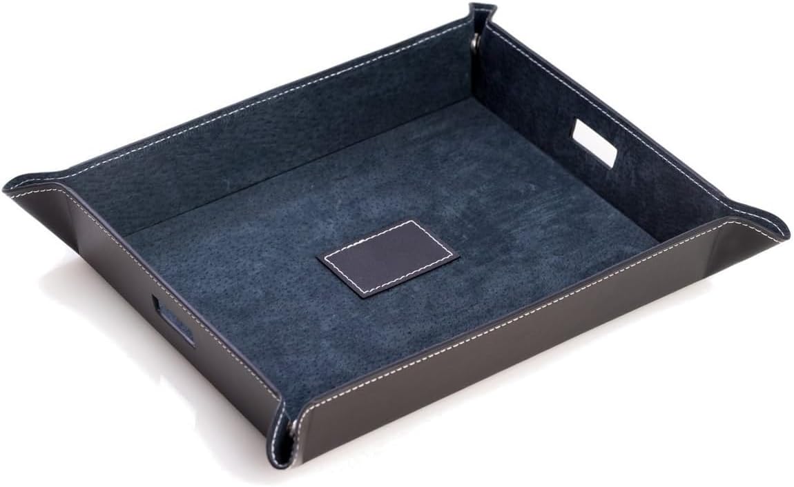 Bey-Berk Alex Leather Valet Tray (Navy), 10" x 7.75" Nightstand and Desk Catchall, Genuine Leather Snap-Corner EDC Organizer and Phone Charging Tray