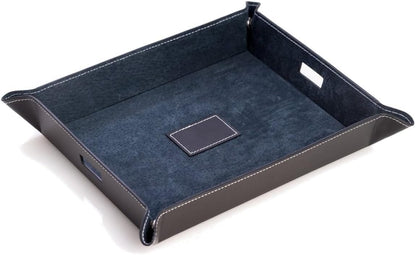 Bey-Berk Alex Leather Valet Tray (Navy), 10" x 7.75" Nightstand and Desk Catchall, Genuine Leather Snap-Corner EDC Organizer and Phone Charging Tray