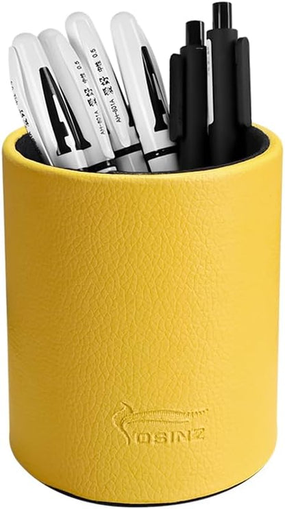 Leather Pen Holder, Brown Pencil Holder, Desktop Elegant Pen Holder for Desk, Stationery Organizer for School Office Home Dorm (3.3" x 3.3" x 4", Brown)