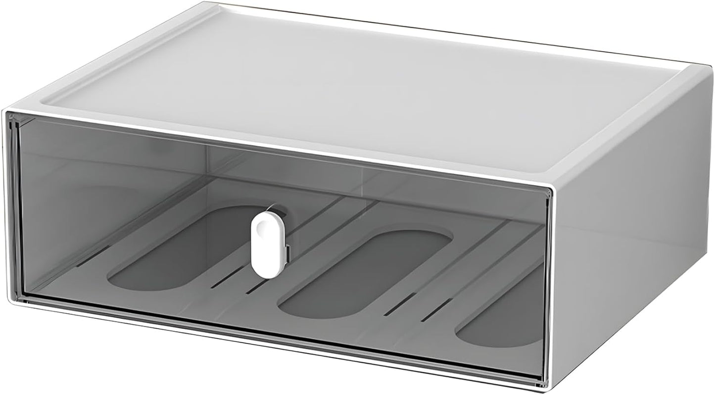 Desktop Storage Drawers, Plastic Desk Organizer with 3 Drawers, Modular Stackable Toolbox Units for Office Stationary, Makeup Container, Bathroom Countertop (1 Tall Layer, Cream & Clear)