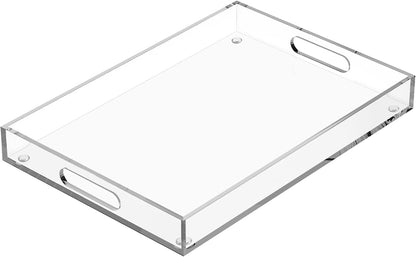 2 Pack Serving Tray with Handles, Clear Acrylic Tray for Serving Food, Large Outdoor Food Trays for Eating, Lucite Acrylic Trays for Appetizer, Pizza, Fruit and Drinks, Unbreakable, 16"×12"