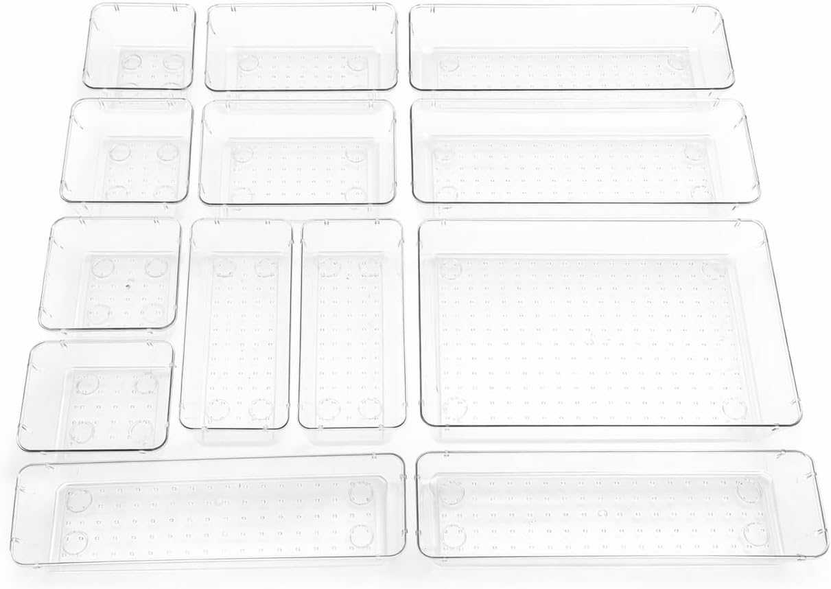 Bathroom Drawer Organizer Trays 13 Piece Clear Drawer Organizer Set, Plastic Organizer Bins for Bathroom, Makeup, Kitchen & Office, Modular In-Drawer Storage System
