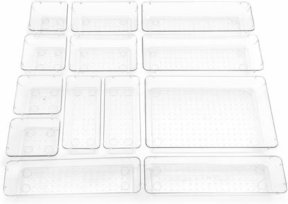 Bathroom Drawer Organizer Trays 13 Piece Clear Drawer Organizer Set, Plastic Organizer Bins for Bathroom, Makeup, Kitchen & Office, Modular In-Drawer Storage System