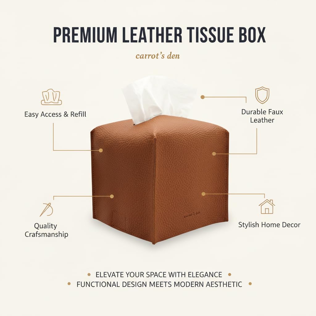 Tissue Box Cover Holder, Square with Bottom Belt by Carrot's Den - PU Leather Decorative Organizer for Tabletop, Bathroom, Car, Office | Beige