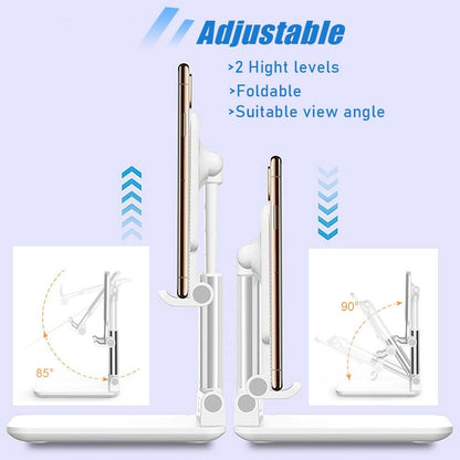 Cell Phone Stand, Angle Height Adjustable Cell Phone Holder with Silicon Pad for Desk Fully Forldable Mobile Phone Holder Compatible with All Mobile Phones, MT-6, (White)