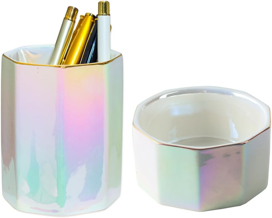 Aesthetic Desk Organizer Set of 2 For Office, Checkered Pen Holder and Paper Clip Holder Dispenser, Ceramic Cute Pencil Cup, Desktop Accessories, Office Decor, Ideal Gifts for Mom (Pink-White)
