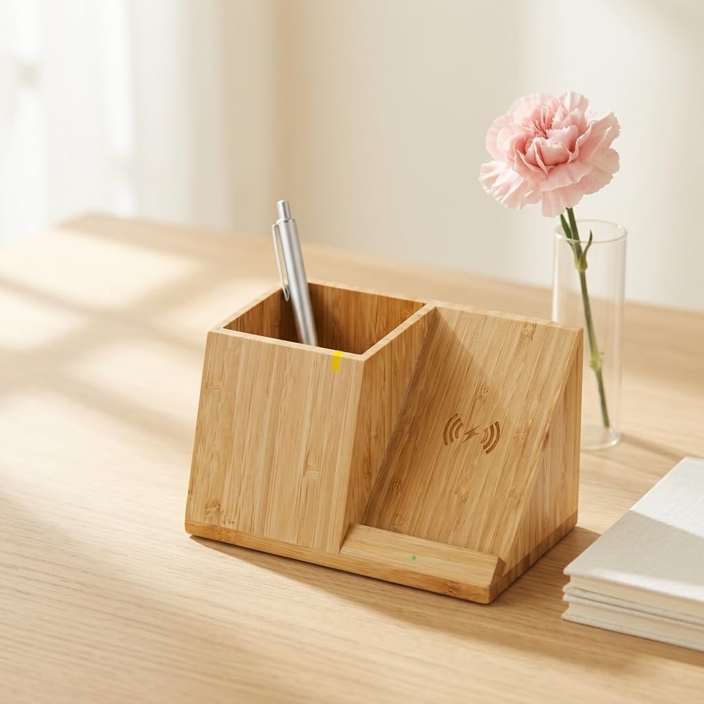 OhM-ega Bamboo Desk Organizer with Wireless Charing, Home Office Organizers for Desk, Wireless Charging Station with Pen Holder, 10W Fast Wireless Charging, Compatible with iPhone and Pixel