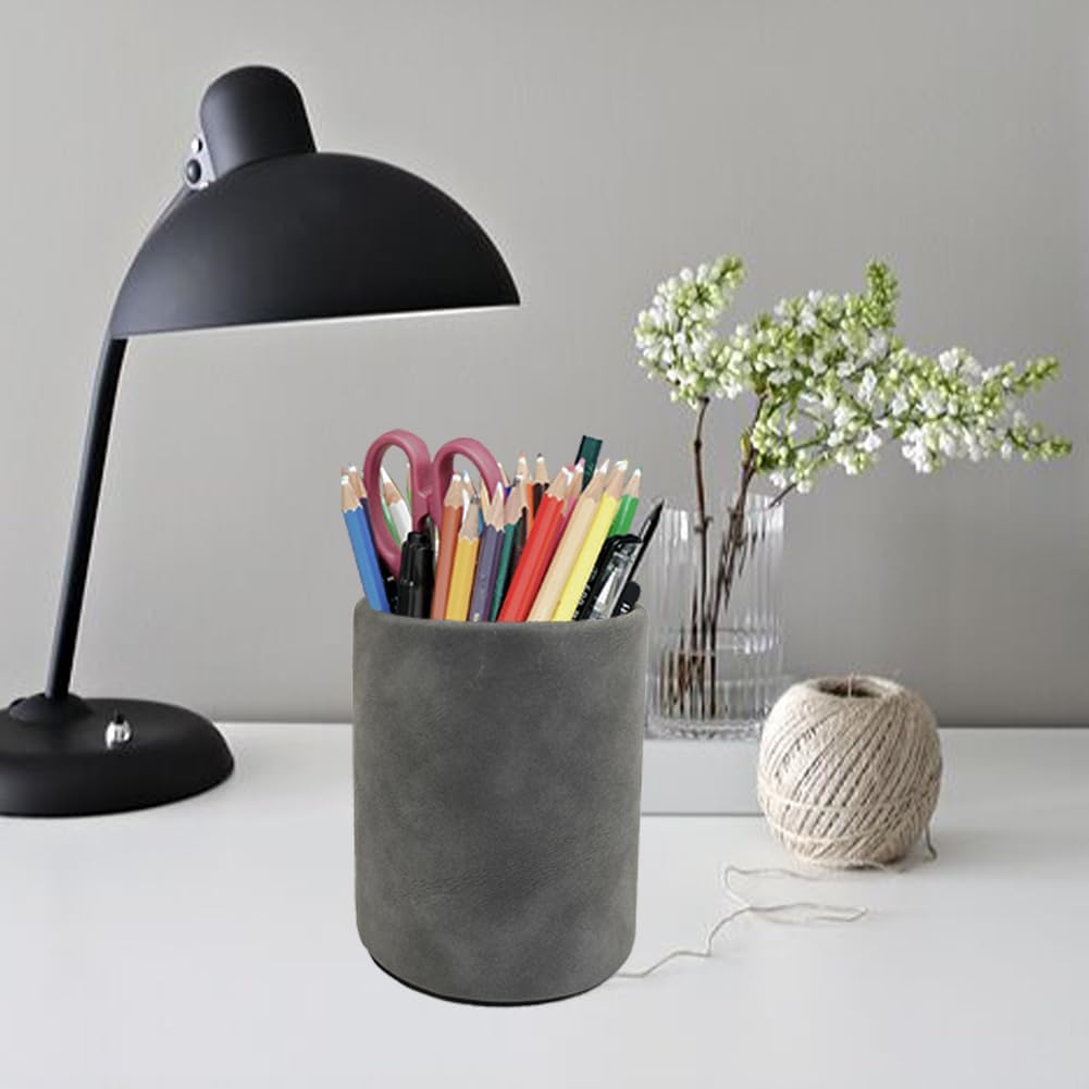 Leather Pen Holder, Brown Pencil Holder, Desktop Elegant Pen Holder for Desk, Stationery Organizer for School Office Home Dorm (3.3" x 3.3" x 4", Brown)