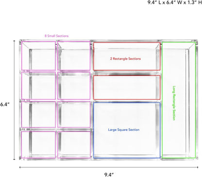 Isaac Jacobs 12-Compartment Clear Acrylic Drawer Organizer (9.4" L x 6.4" W x 1.3" H), Multi-Sectional Tray & Storage Solution for Makeup, School & Office Supplies, Bathroom, Kitchen
