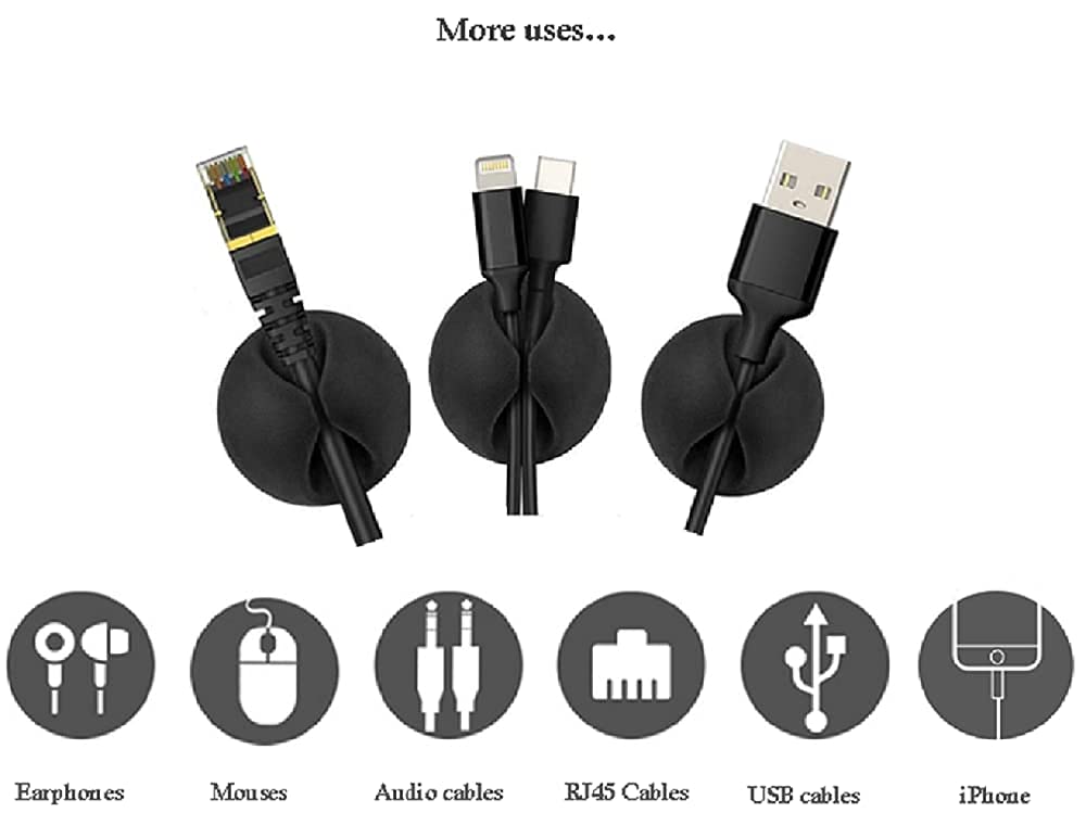 Cable Wire Cord Clips Organizer Holder Self-Adhesive Cord Management System for Charging USB Network Headphone Cables for Car Desk Office Home (Pack of 6 Black Silicone)