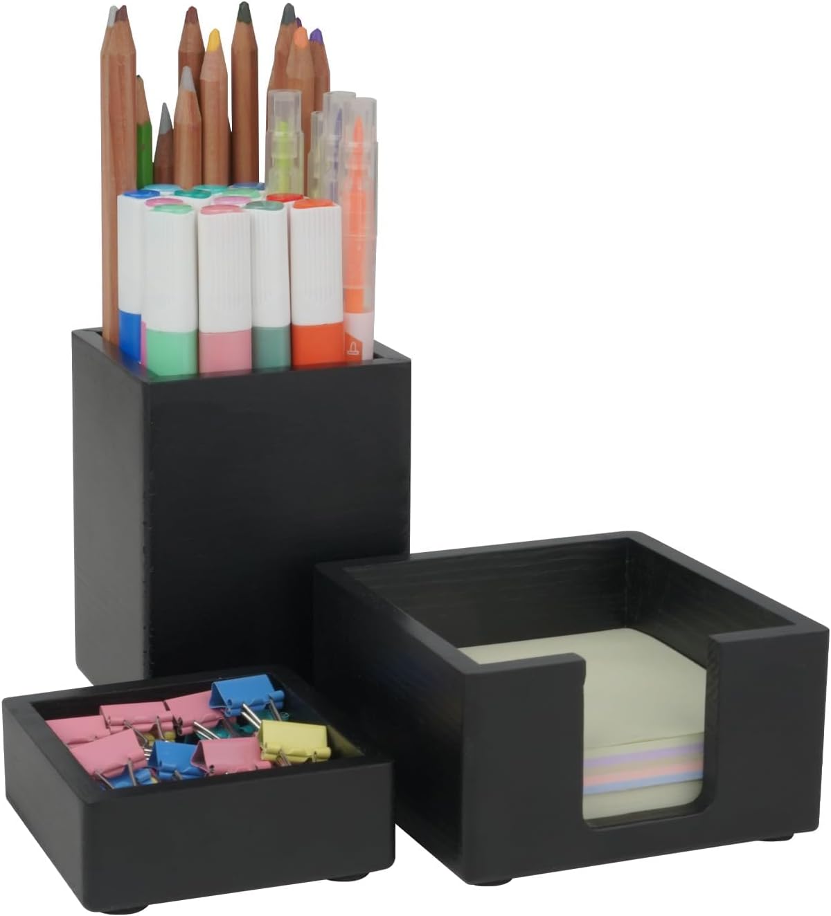 RAWILL 3 PCS Black Wooden Desk Organizer Set Pine Wood Office Desk Accessories with Pen Holder, Paperclip Storage and Sticky Note Holder, Wood Grain Clear, Ideal Gift for Office and Family