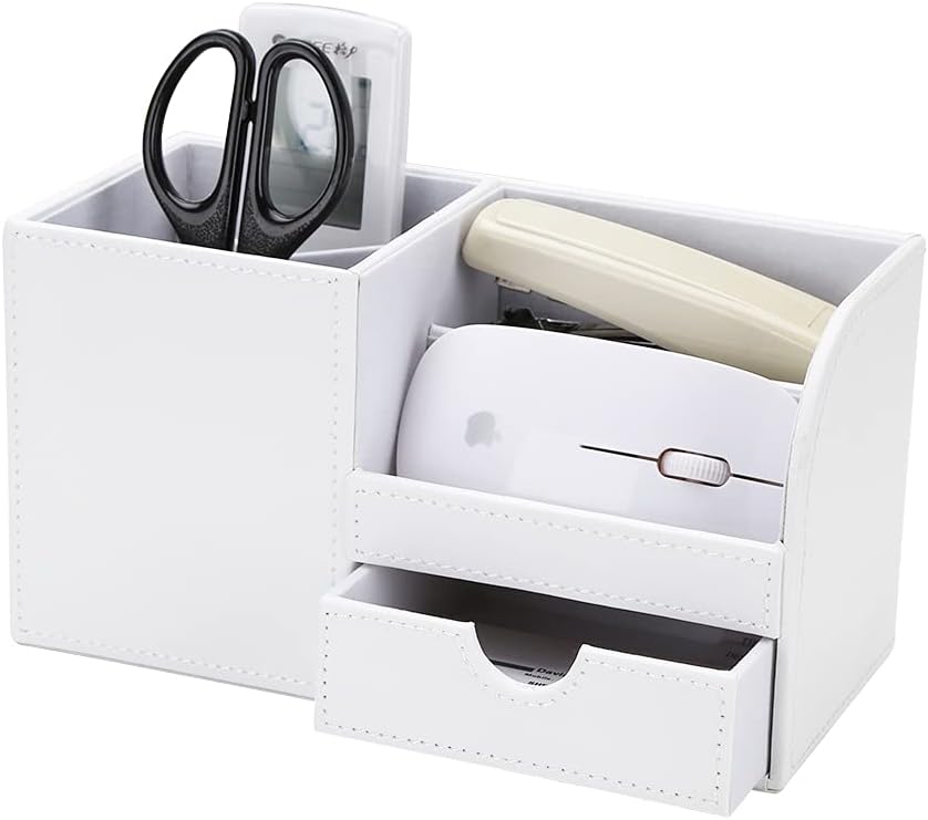 KINGFOM Desk Organizer Office Supplies Caddy Pu Leather Multi-function Storage Box Pen/Pencil,Cell phone, Business Name Cards Remote Control Holder with Small Drawer Black