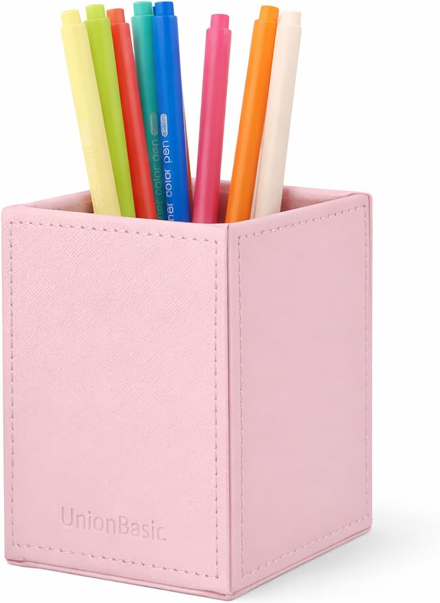 UnionBasic Square Pen Holder, Leather Pencil Cup, Desktop Caddy Stationery Organizer, Beige