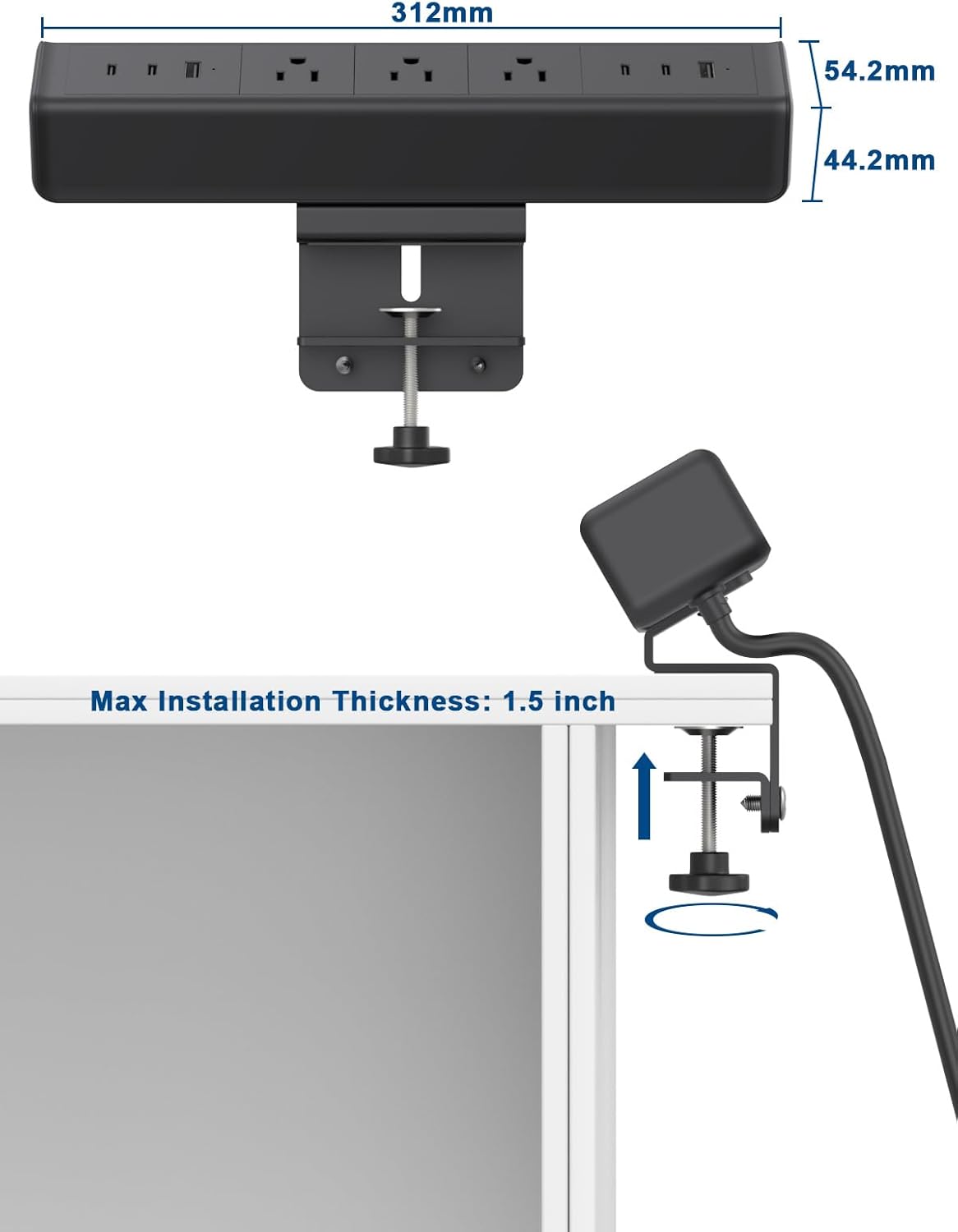 Nightstand Charging Station with 4 USB-C&2 QC 3.0 USB A Ports 3 AC Outlet, Desk Edge Mount Power Strip with USB-C Ports Tabletop Surge Protector Desk Clamp Power Strip for Home Office(Black)