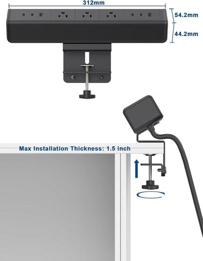 Nightstand Charging Station with 4 USB-C&2 QC 3.0 USB A Ports 3 AC Outlet, Desk Edge Mount Power Strip with USB-C Ports Tabletop Surge Protector Desk Clamp Power Strip for Home Office(Black)