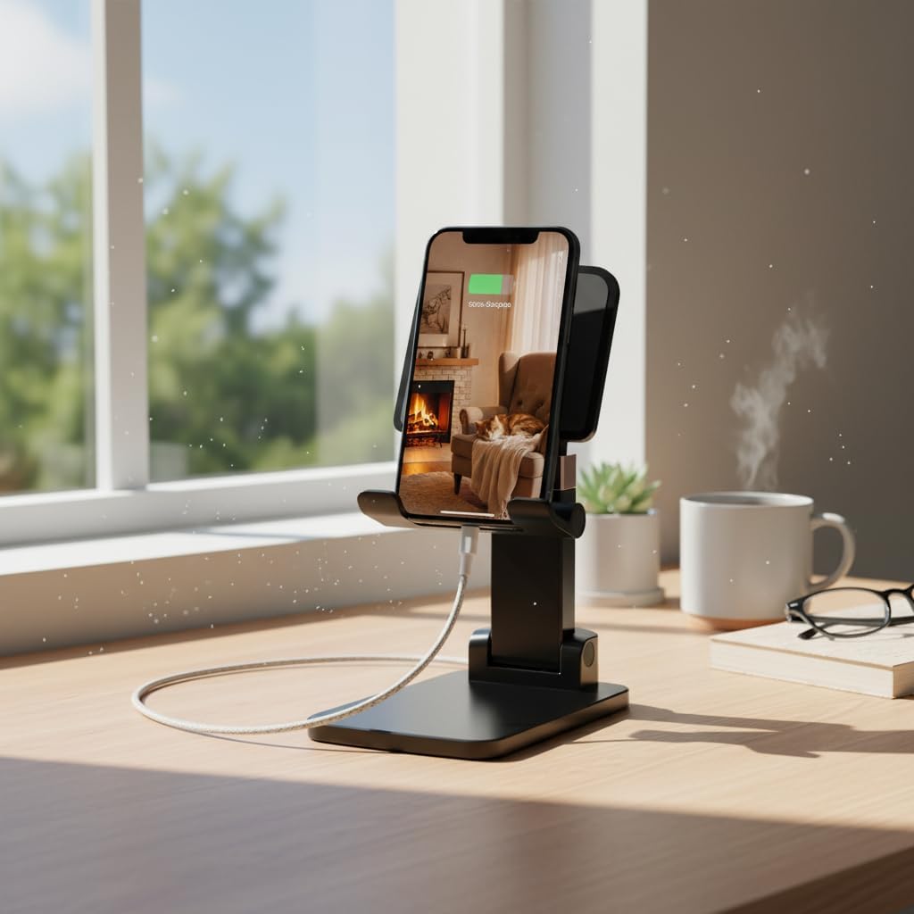 Adjustable Phone & Tablet Stand for Desk, Foldable Holder with Stable Base and Non-Slip Design, Compatible with iPhone, Android Phones and Tablets