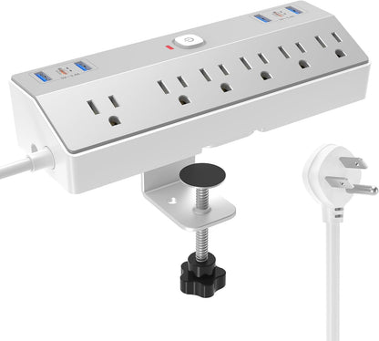 Desk Clamp Power Strip with 40W Fast Charging Station, JXGUCAT 10FT Flat Plug Desk Mount Power Strip Surge Protector, Removable Extension Cord with 2 USB-C Ports 6 Outlets, Fits 1.8" Tabletop Edge