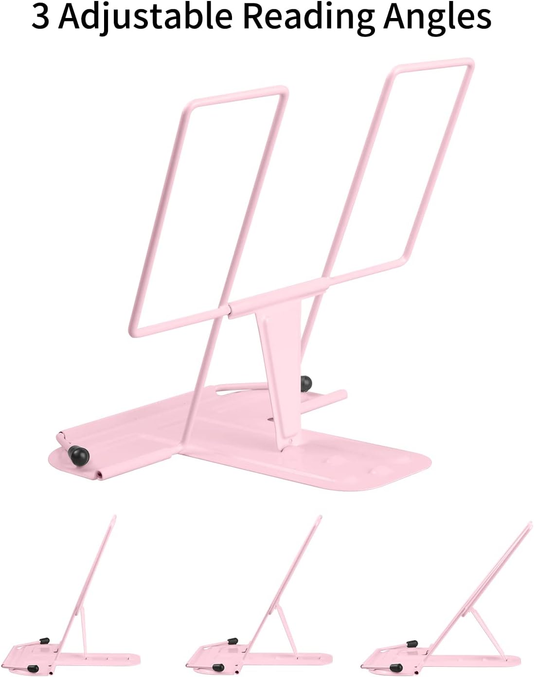 MSDADA Metal Book Stand for Desk, Adjustable Reading Rest Book Holder, Portable Cookbook Documents Holder, Sturdy Typing Stand for Recipes Textbooks Tablet Music Books with Page Clips (Macaron Pink)