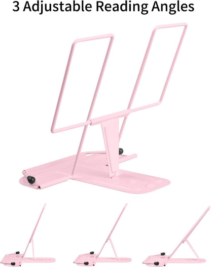 MSDADA Metal Book Stand for Desk, Adjustable Reading Rest Book Holder, Portable Cookbook Documents Holder, Sturdy Typing Stand for Recipes Textbooks Tablet Music Books with Page Clips (Macaron Pink)