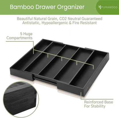 Purawood Kitchen Drawer Organizer - Expandable Utensil Drawer Organizer for Kitchen, Cutlery Tray & Silverware Organizer, 3-5 Slots - Bamboo Organizer for Utensils & Flatware (Natural)