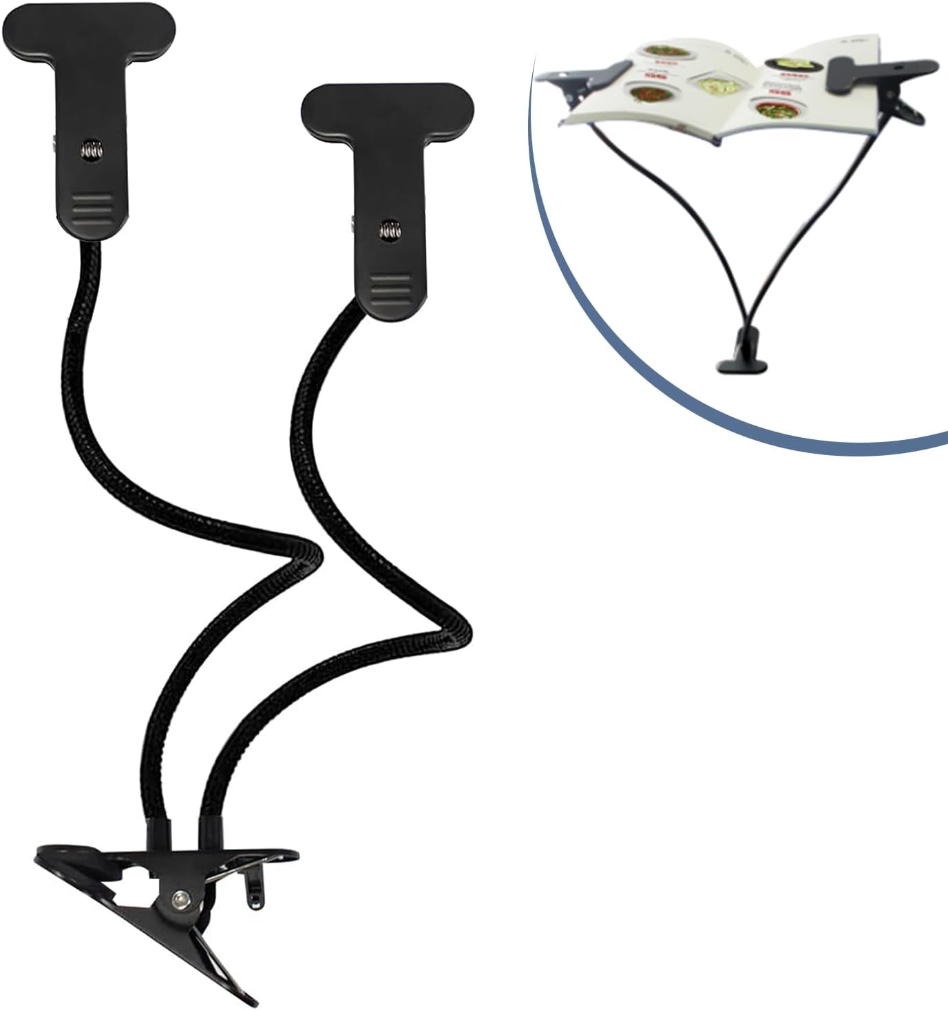 Book Stand for Reading, Recipe Book Holder with Flexible Hose and 2 Metal Clamp, Height Adjustable Book Holder for Desk Bendable Cooking Bookstand for Textbook, Music Books, Tablet, pad
