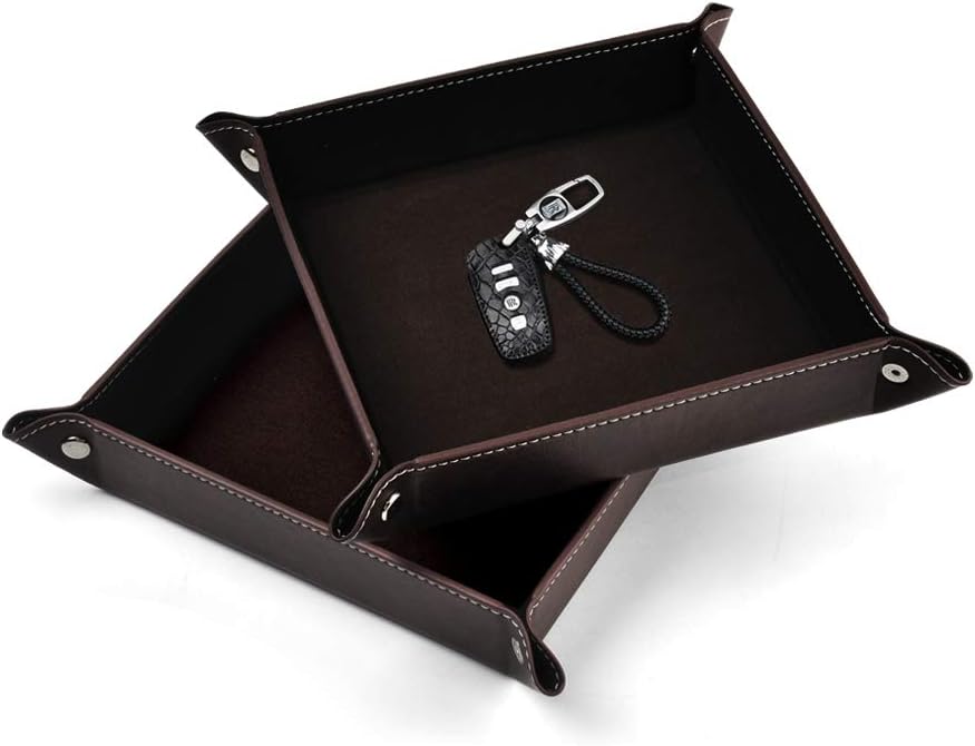 Oirlv Premium Leather Valet Tray for Men Jewelry Organizer, Desktop Storage,Key Wallets Cell Phones Catchall Tray Nightstand or Dresser Organizer Plate (Black)