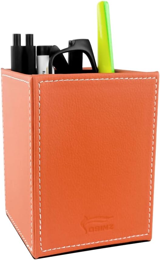 Leather Pen Holder, Brown Pencil Holder, Desktop Elegant Pen Holder for Desk, Stationery Organizer for School Office Home Dorm (3.3" x 3.3" x 4", Brown)