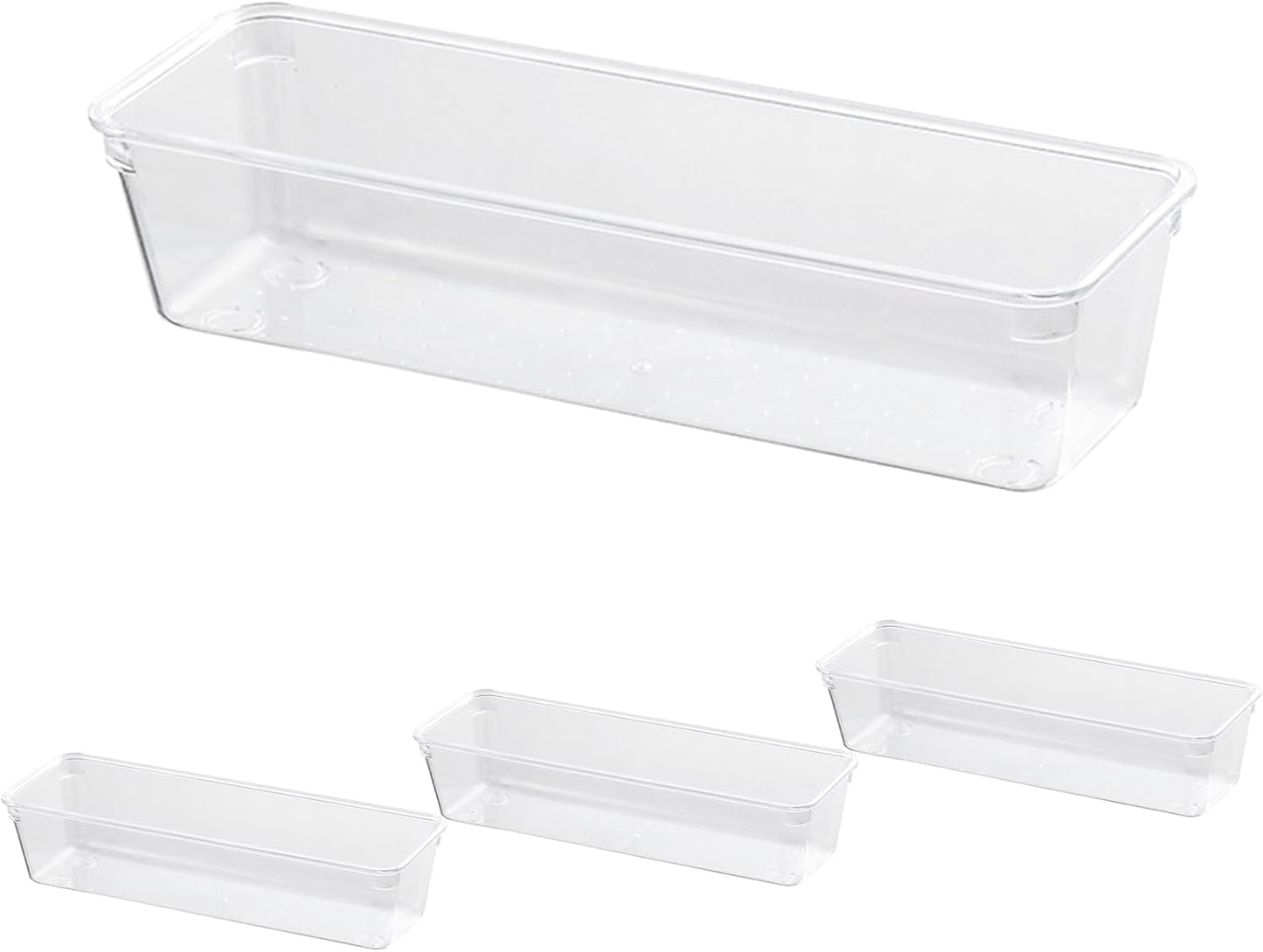 4PCS Clear Plastic Drawer Organizers - Stackable Modular Bins for Kitchen Utensils, Makeup & Office Supplies - Thin Profile Design Fits Dresser/Bathroom Cabinets - Non-Slip Base