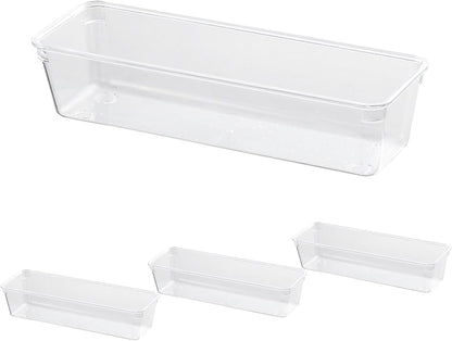 4PCS Clear Plastic Drawer Organizers - Stackable Modular Bins for Kitchen Utensils, Makeup & Office Supplies - Thin Profile Design Fits Dresser/Bathroom Cabinets - Non-Slip Base