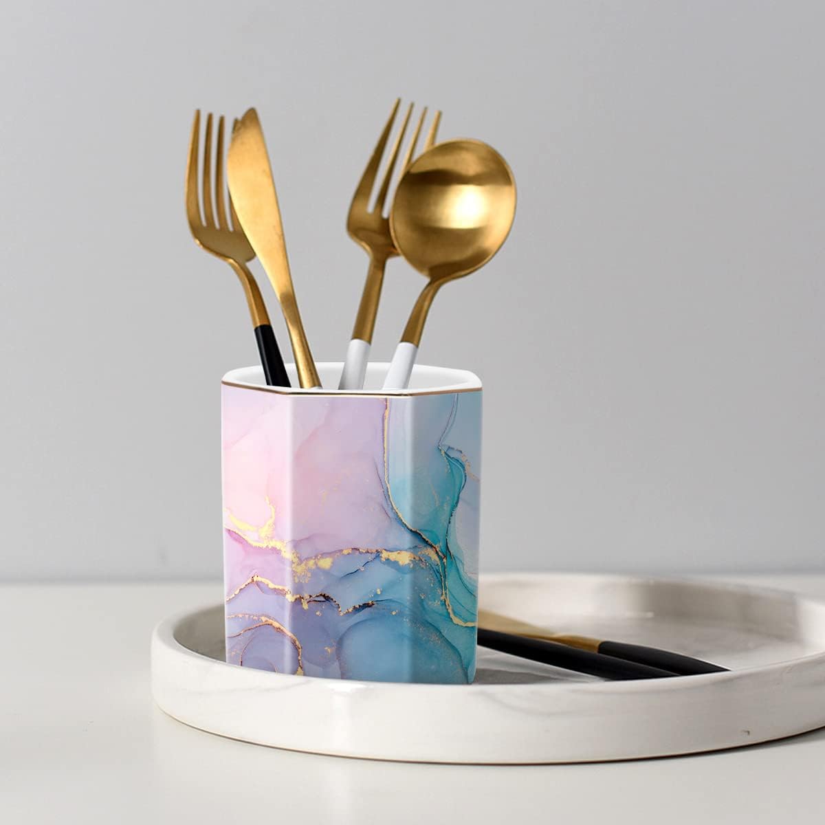 WAVEYU Ceramic Pen Holder for Desk Cute, Pencil Cup Pot Desk Organizer, Makeup Brush Holder for Women, Men, Kids, Desk Marble Decor for Office, Classroom, Home, Gray Golden